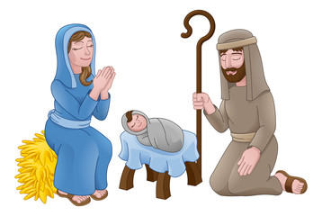 A Christmas nativity scene cartoon, with baby Jesus, Mary and Joseph in the manger. 