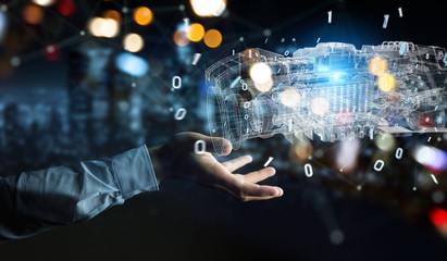 Poster - businessman using wireframe holographic 3d digital projection of an engine