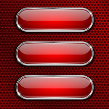 Red Oval Glass Buttons On Red Metal Perforated Background