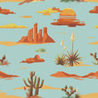 © wooster - Vintage beautiful seamless desert illustration pattern. Landscape with cactus, mountains, sunset vector hand drawn style background