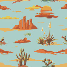 Vintage Beautiful Seamless Desert Illustration Pattern. Landscape With Cactus, Mountains, Sunset Vector Hand Drawn Style Background