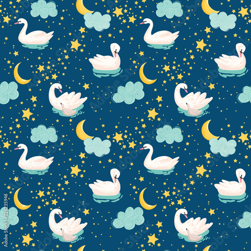 Cotton fabric Beautiful Seamless Pattern with white Swans, Moon and Stars, use for Baby Background, Textile Prints, Covers, Wallpaper, Posters. Vector Illustration