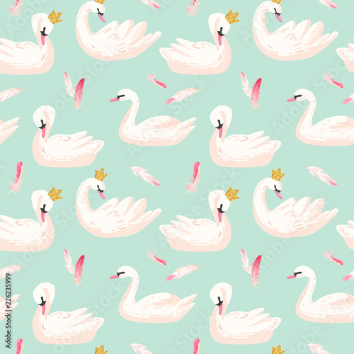 Cotton fabric Beautiful Seamless Pattern with white Swans and pink Feathers, use for Baby Background, Textile Prints, Covers, Wallpaper, Posters. Vector Illustration
