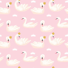 Beautiful Seamless Pattern With White Swans And Crowns, Use For Baby Background, Textile Prints, Covers, Wallpaper, Posters. Vector Illustration