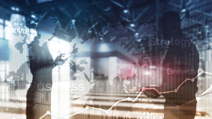 Wall Mural - business abstract background double exposure graph, chart and diagram. world wide map and. global bu