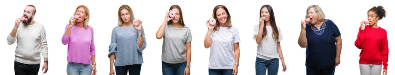 Sticker - Collage of group of people eating donut over isolated background with a confident expression on smart face thinking serious