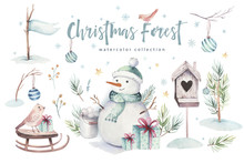 Watercolor Merry Christmas Illustration With Snowman, Holiday Cute Animals Deer, Rabbit. Christmas Celebration Cards. Winter New Year Design.