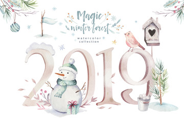 Wall Mural - Watercolor Merry Christmas illustration with snowman, holiday cute animals deer, rabbit. Christmas celebration cards. Winter new year design.