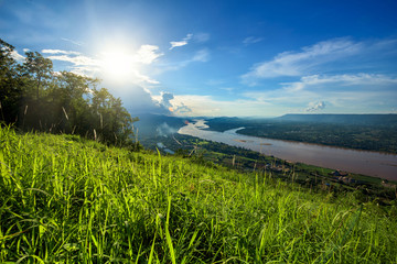 Wall Mural - beautiful meadow and river in sunset