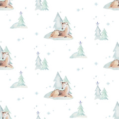 Wall Mural - Watercolor Merry Christmas seamless patterns with snowman, holiday cute animals deer, rabbit. Christmas celebration paper. Winter new year design.