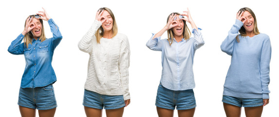 Poster - Collage of blonde beautiful woman wearing casual look over white isolated backgroud doing ok gesture with hand smiling, eye looking through fingers with happy face.