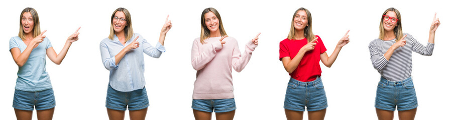 Collage of blonde beautiful woman wearing casual look over white isolated backgroud smiling and looking at the camera pointing with two hands and fingers to the side.