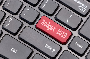 Aufkleber - Budget 2019 on red enter key, of a black keyboard.