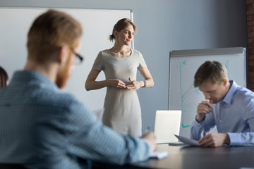 Stressed business woman leader executive in tension feels worried thinking of problem challenge at meeting, female speaker nervous about result waiting for clients decision after sales presentation