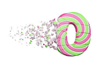 Leinwandbilder - Broken shattered alphabet number 0. Crushed font made of pink and green striped lollipop. 3D render isolated on white background.
