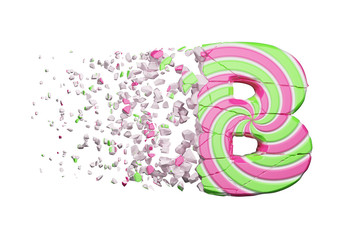 Aufkleber - Broken shattered alphabet letter B. Crushed font made of pink and green striped lollipop. 3D render isolated on white background.