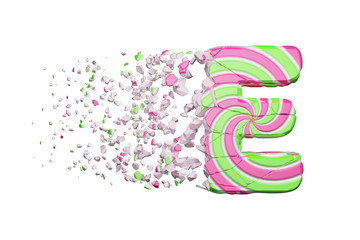 Aufkleber - Broken shattered alphabet letter E. Crushed font made of pink and green striped lollipop. 3D render isolated on white background.