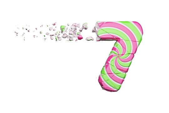 Broken shattered alphabet number 7. Crushed font made of pink and green striped lollipop. 3D render isolated on white background.