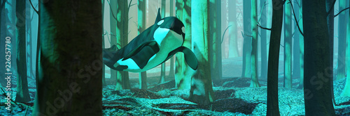 Fotomural killer whale swimming in forest, orca flying in foggy landscape