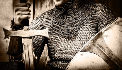 knight man holding sword and shield. image in black and white color style