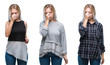 © Krakenimages.com - Collage of beautiful blonde young woman over isolated background tired rubbing nose and eyes feeling fatigue and headache. Stress and frustration concept.