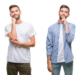 Sticker - Collage of young man wearing casual look over white isolated backgroud with hand on chin thinking about question, pensive expression. Smiling with thoughtful face. Doubt concept.