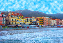 Beautiful View Of The Sea And The Town Of Alassio With Colorful Buildings, Liguria, Italian Riviera, Region San Remo, Cote D'Azur, Italy