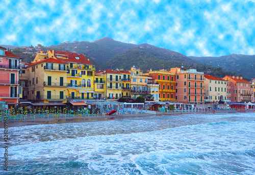 Photographie Beautiful view of the sea and the town of Alassio with colorful buildings, Ligur