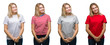 © Krakenimages.com - Collage of young beautiful blonde woman wearing a t-shirt over white isolated backgroud looking away to side with smile on face, natural expression. Laughing confident.