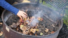 Closeup Of Young Woman Hands Starting, Building Diy Fire, Campfire, Tossing, Burning Dry Dried Leaves Into Flame In Cast Iron Firepit Leaves In Nature In Campground, Autumn, Fall In Outdoor Park
