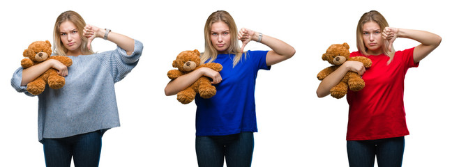 Collage of young beautiful blonde woman holding teddy bear over white isolated backgroud with angry face, negative sign showing dislike with thumbs down, rejection concept