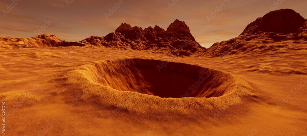 Extremely detailed and realistic high resolution 3D illustration of a big crater on mars like landscape - obrazy, fototapety, plakaty 