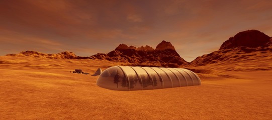 Extremely detailed and realistic high resolution 3d illustration of a human colony on Mars like planet