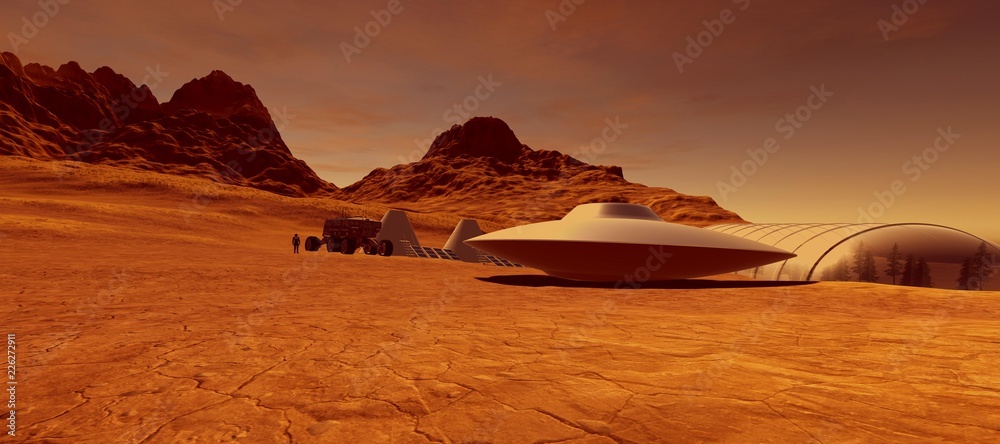 Extremely detailed and realistic high resolution 3d illustration of an  Alien Ufo Flying Saucer Space Ship on Mars like Planet with Colony in  Background Stock-illustration | Adobe Stock