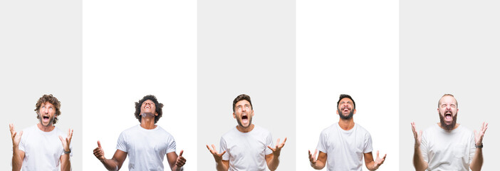 Wall Mural - Collage of young caucasian, hispanic, afro men wearing white t-shirt over white isolated background crazy and mad shouting and yelling with aggressive expression and arms raised. Frustration concept.