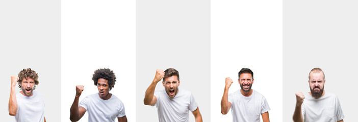 Wall Mural - Collage of young caucasian, hispanic, afro men wearing white t-shirt over white isolated background angry and mad raising fist frustrated and furious while shouting with anger. Rage and aggressive