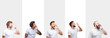 © Krakenimages.com - Collage of young caucasian, hispanic, afro men wearing white t-shirt over white isolated background shouting and screaming loud to side with hand on mouth. Communication concept.