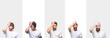 Collage of young caucasian, hispanic, afro men wearing white t-shirt over white isolated background surprised with hand on head for mistake, remember error. Forgot, bad memory concept.