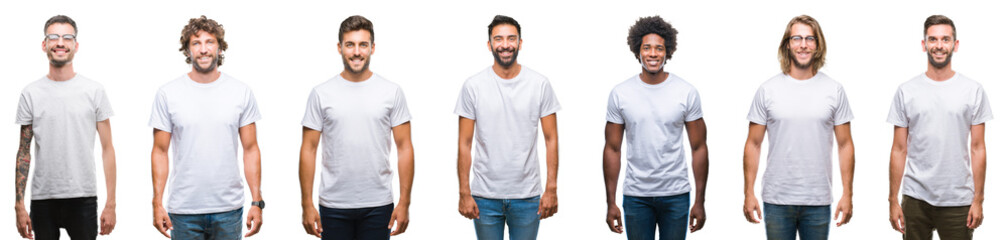 Wall Mural - Collage of young caucasian, hispanic, afro men wearing white t-shirt over white isolated background with a happy and cool smile on face. Lucky person.