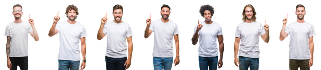 Wall Mural - collage of young caucasian, hispanic, afro men wearing white t-shirt over white isolated background 