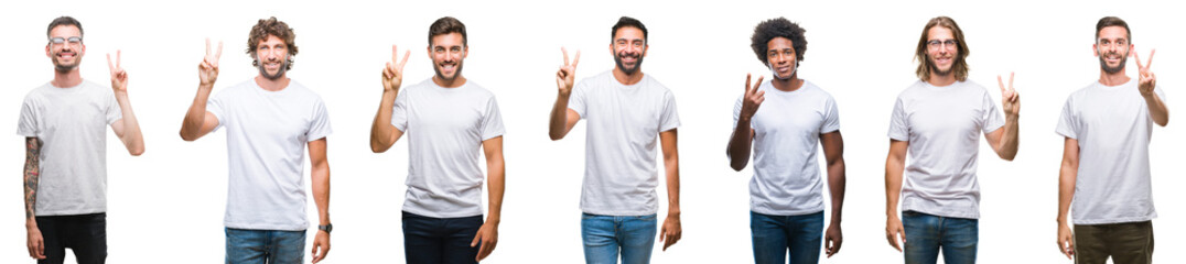 Wall Mural - collage of young caucasian, hispanic, afro men wearing white t-shirt over white isolated background 