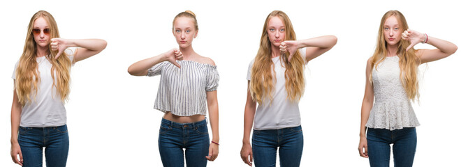 Canvas Print - Collage of young blonde girl over white isolated background with angry face, negative sign showing dislike with thumbs down, rejection concept