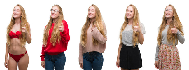 Wall Mural - Collage of young blonde girl over white isolated background doing happy thumbs up gesture with hand. Approving expression looking at the camera with showing success.