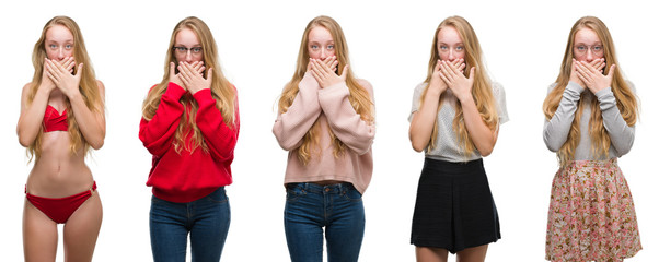 Poster - Collage of young blonde girl over white isolated background shocked covering mouth with hands for mistake. Secret concept.