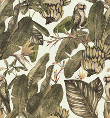 hibiscus, palm leaves, branch of strelitzia, calathea. Tropic  vintage background