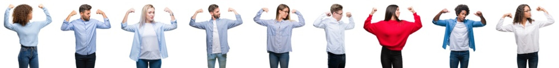 Sticker - Composition of african american, hispanic and caucasian group of people over isolated white background showing arms muscles smiling proud. Fitness concept.