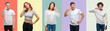 © Krakenimages.com - Composition of african american, hispanic and chinese group of people over vintage color background smiling doing phone gesture with hand and fingers like talking on the telephone. Communicating
