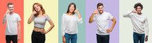 Composition Of African American, Hispanic And Chinese Group Of People Over Vintage Color Background Smiling Doing Phone Gesture With Hand And Fingers Like Talking On The Telephone. Communicating