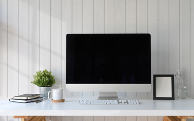 Canvas Print - hipster workspace computer, poster frame and gadget