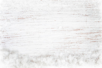 Christmas background - Old white wood texture with snow. top view, border design. vintage and rustic style